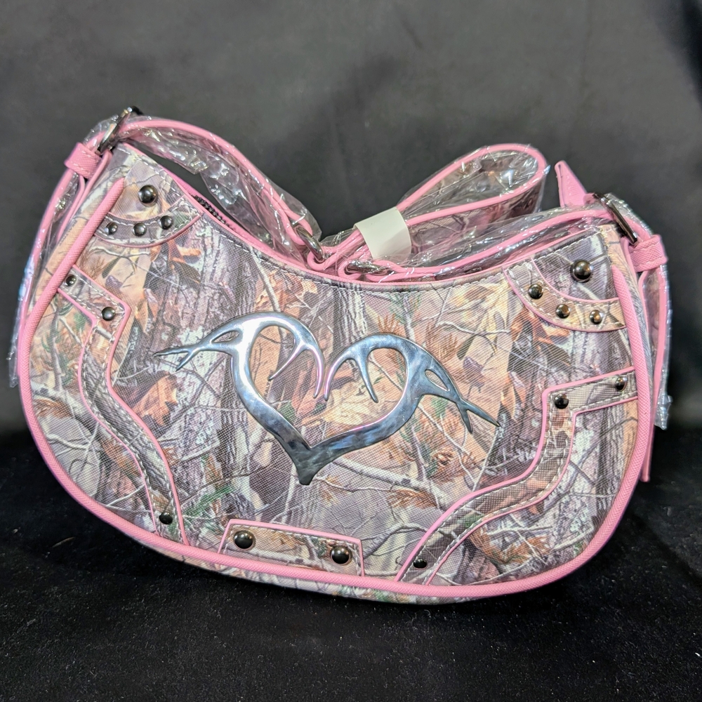 Pink Trim Camo Heart Accent Shoulder Bag
